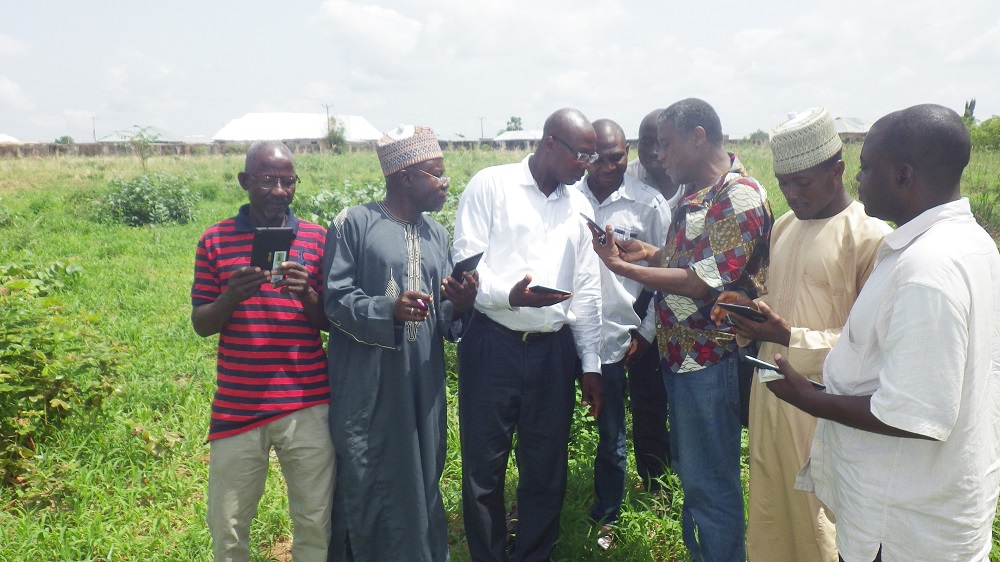 KOKOU AHOUANTON, AfricaRice research assistant (third from right), demonstrates how to use the RiceAdvice in Nigeria. (Photo by Phillip Onimisi Obosi, GIZ-CARI.) 